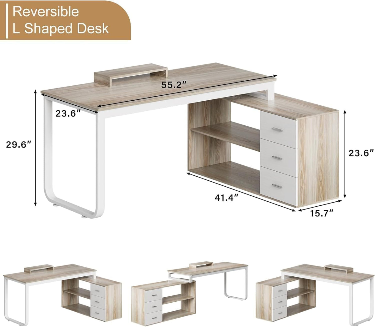 55" L Shaped Office Desk with Drawers, White and Walnut P868
