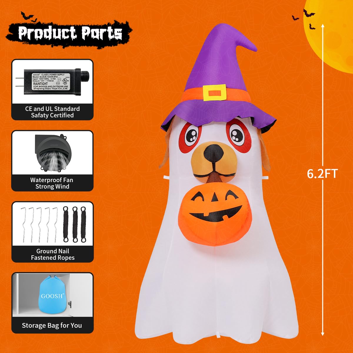 6.2 FT Halloween Inflatables Dog with Pumpkin Built-in LEDs R566