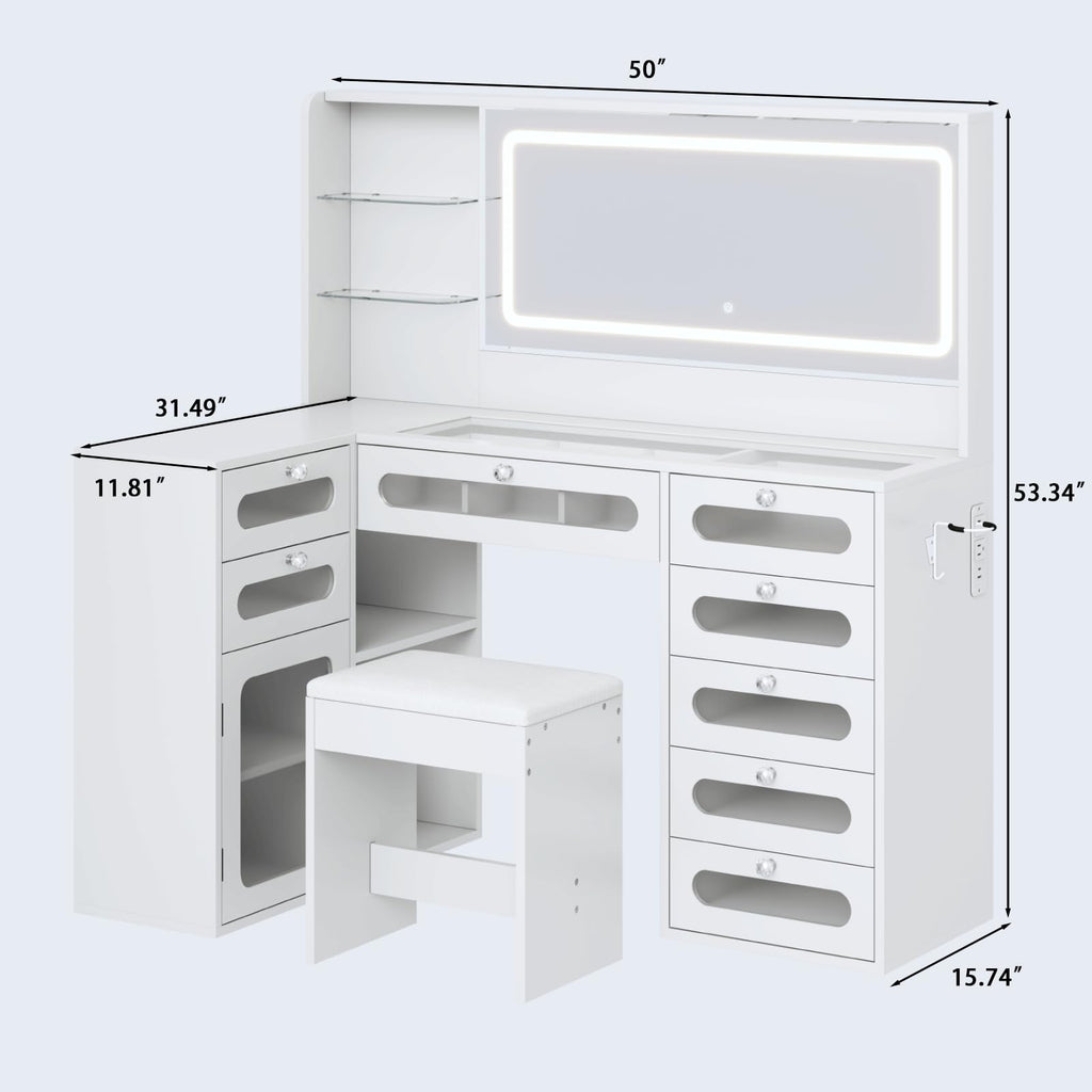 White Makeup Vanity with Mirror and Lights, 8 Drawers and Stool X34062