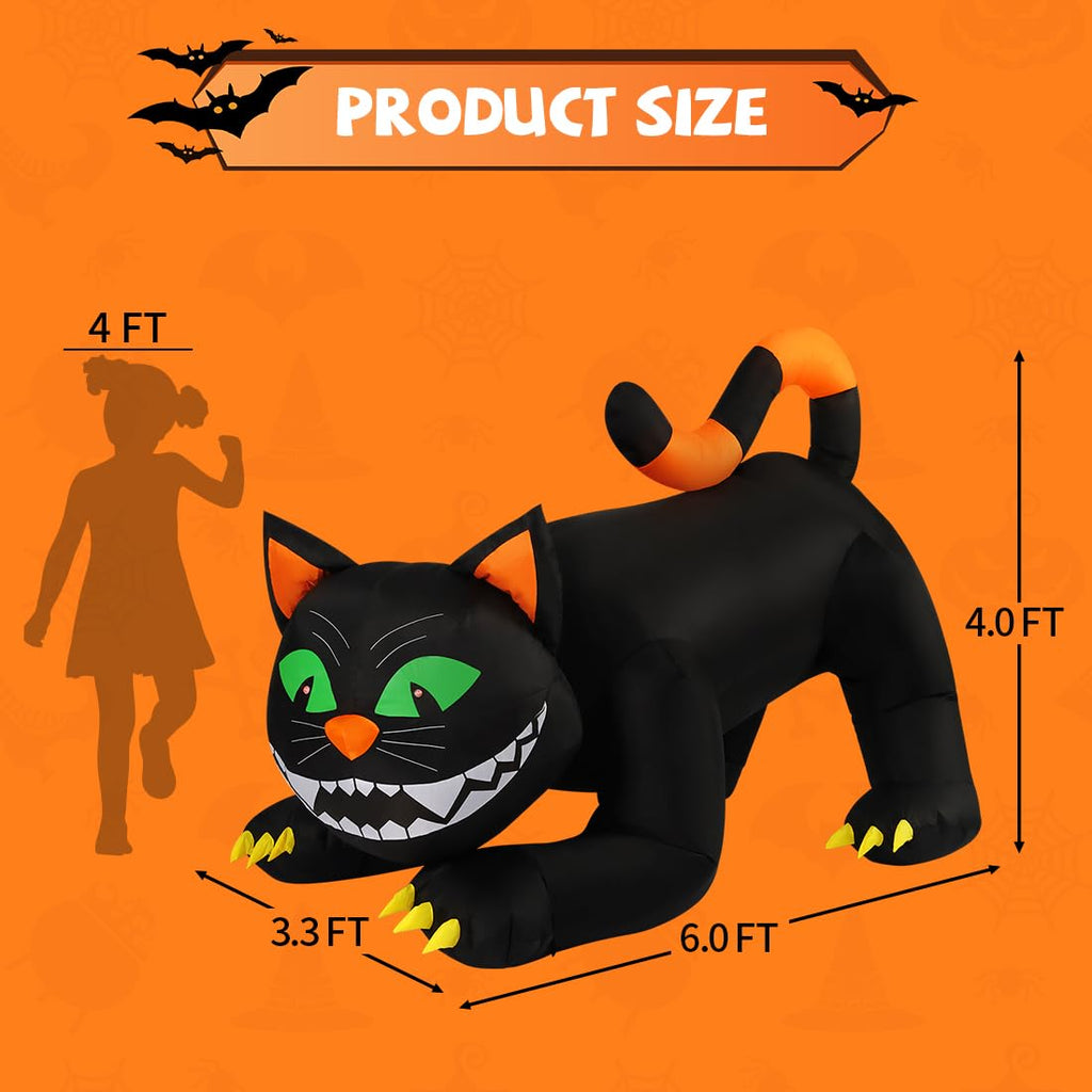 6 FT Halloween Inflatables Black Cat with Moving Head and Built-in LEDs L5246