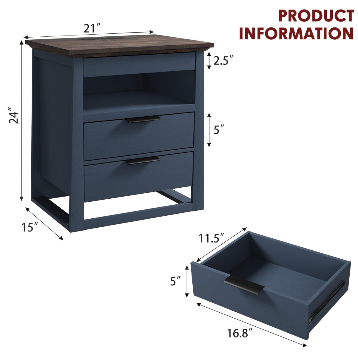 3 Drawer Nightstand with Charging Station and LED Lights P68817