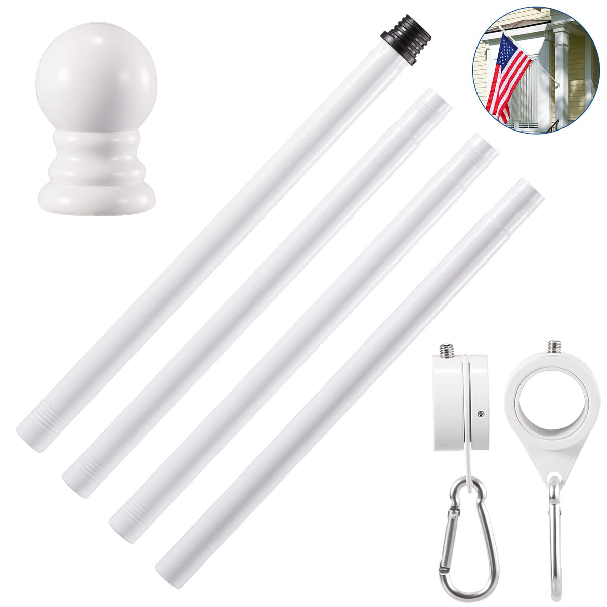 White 5 FT Stainless Steel Wall Mount Flag Pole Kit with 360° Rotating Rings R7463