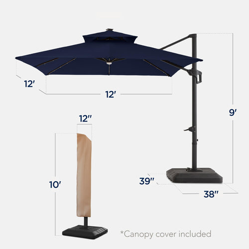 12x12ft LED Cantilever Patio Umbrella with Base and 360° Rotation Y5136