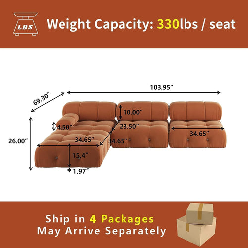 104" L-Shaped Velvet Sectional Sofa with Reversible Chaise Ottoman V8561