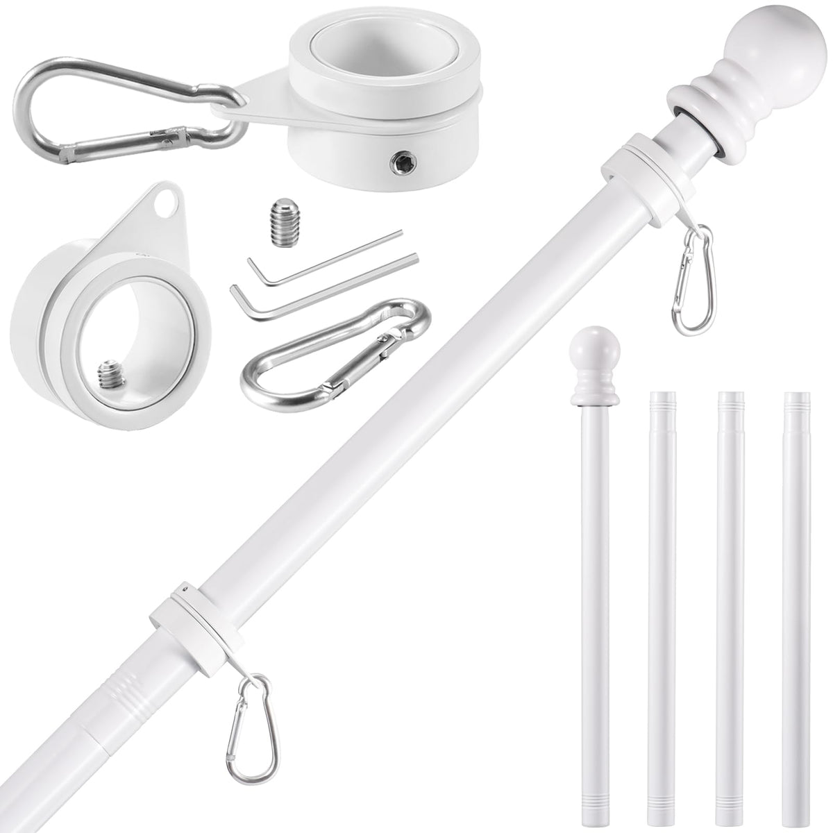White 5 FT Stainless Steel Wall Mount Flag Pole Kit with 360° Rotating Rings R7463