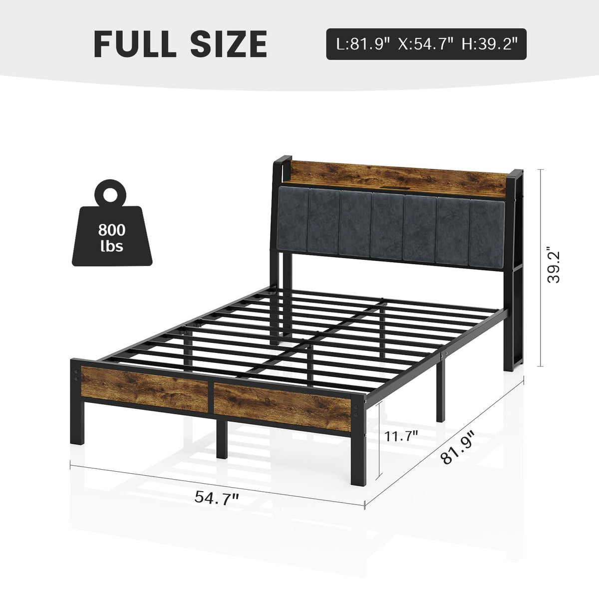 Full Size Bed Frame with LED Light and Charging Station B844