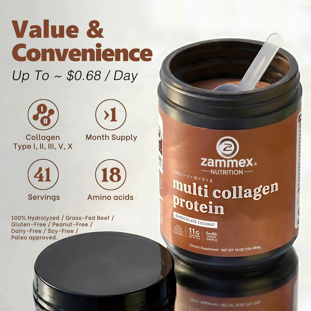 Multi Collagen Peptides Protein Powder, Chocolate, 1LB A21790
