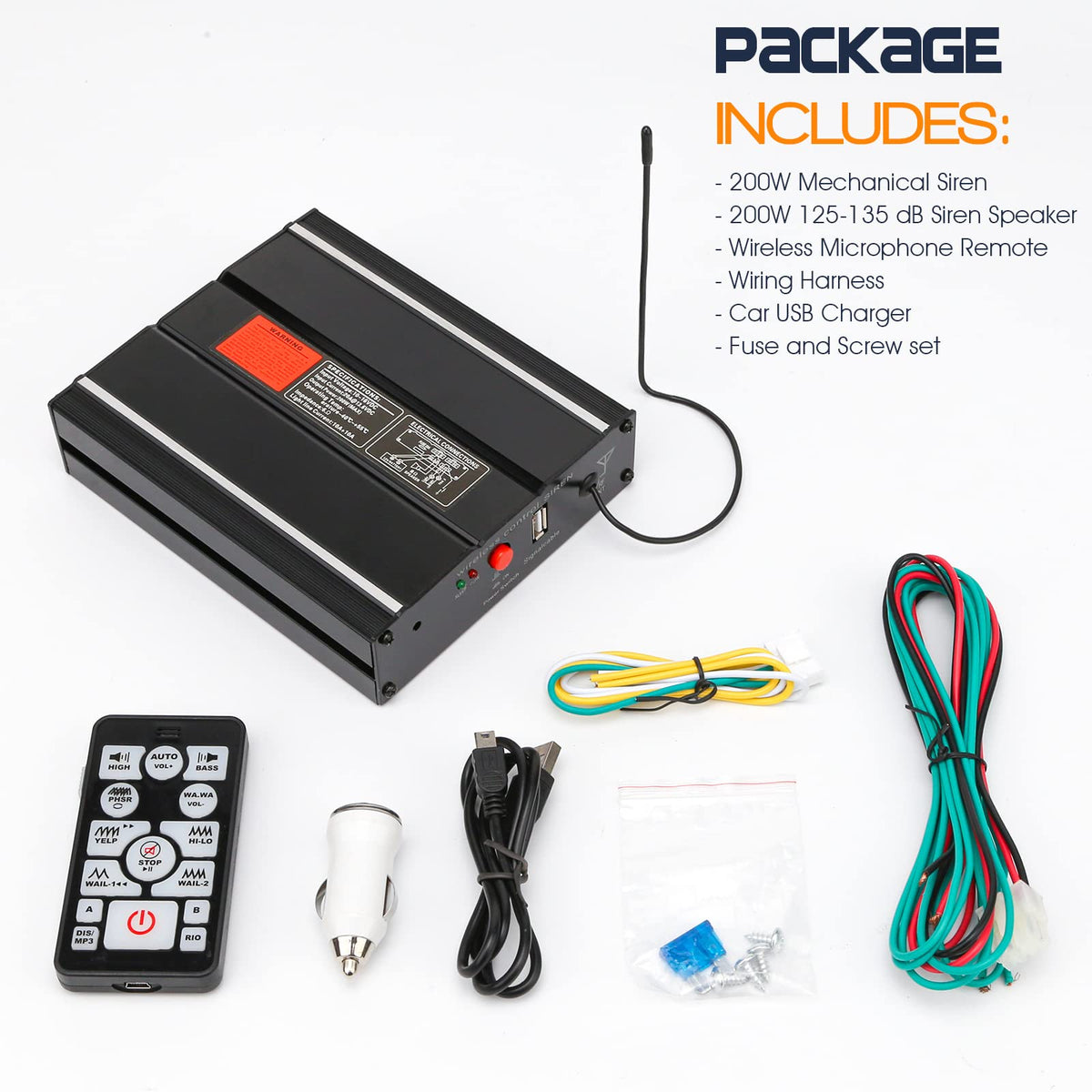 200W 12V Emergency Siren PA System with Slim Speaker, Wireless Remote Handheld Microphone A691056
