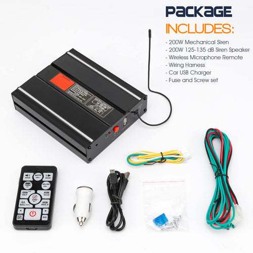 200W 12V Emergency Siren PA System with Slim Speaker, Wireless Remote Handheld Microphone A691056