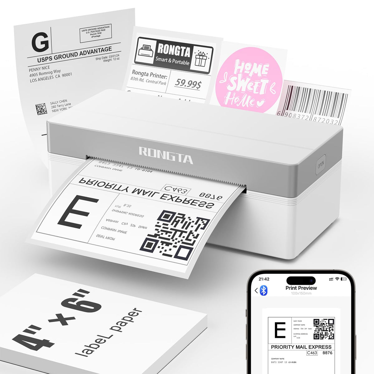White Bluetooth 4x6 Thermal Label Printer S8039