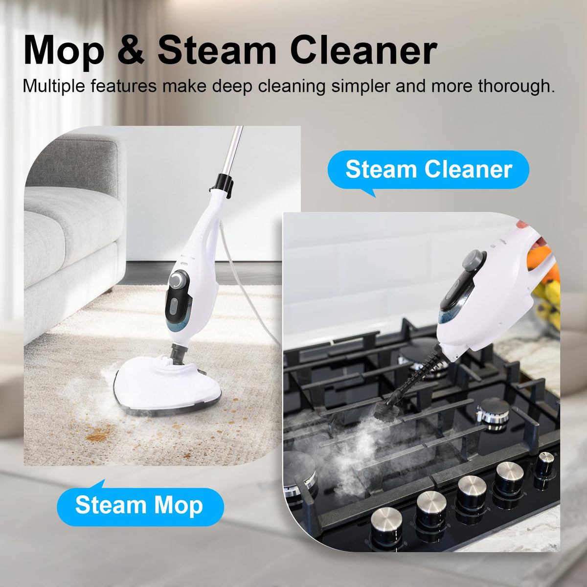 1550W 11-in-1 Steam Mop with 21.3FT Cord, White V4841