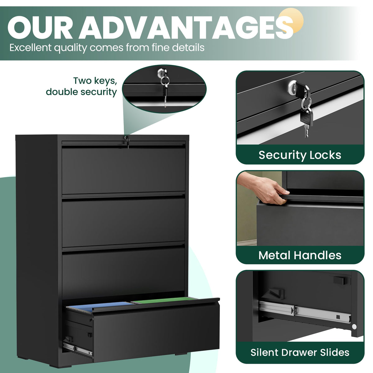 4 Drawer Black Lateral File Cabinet with Lock Y87439