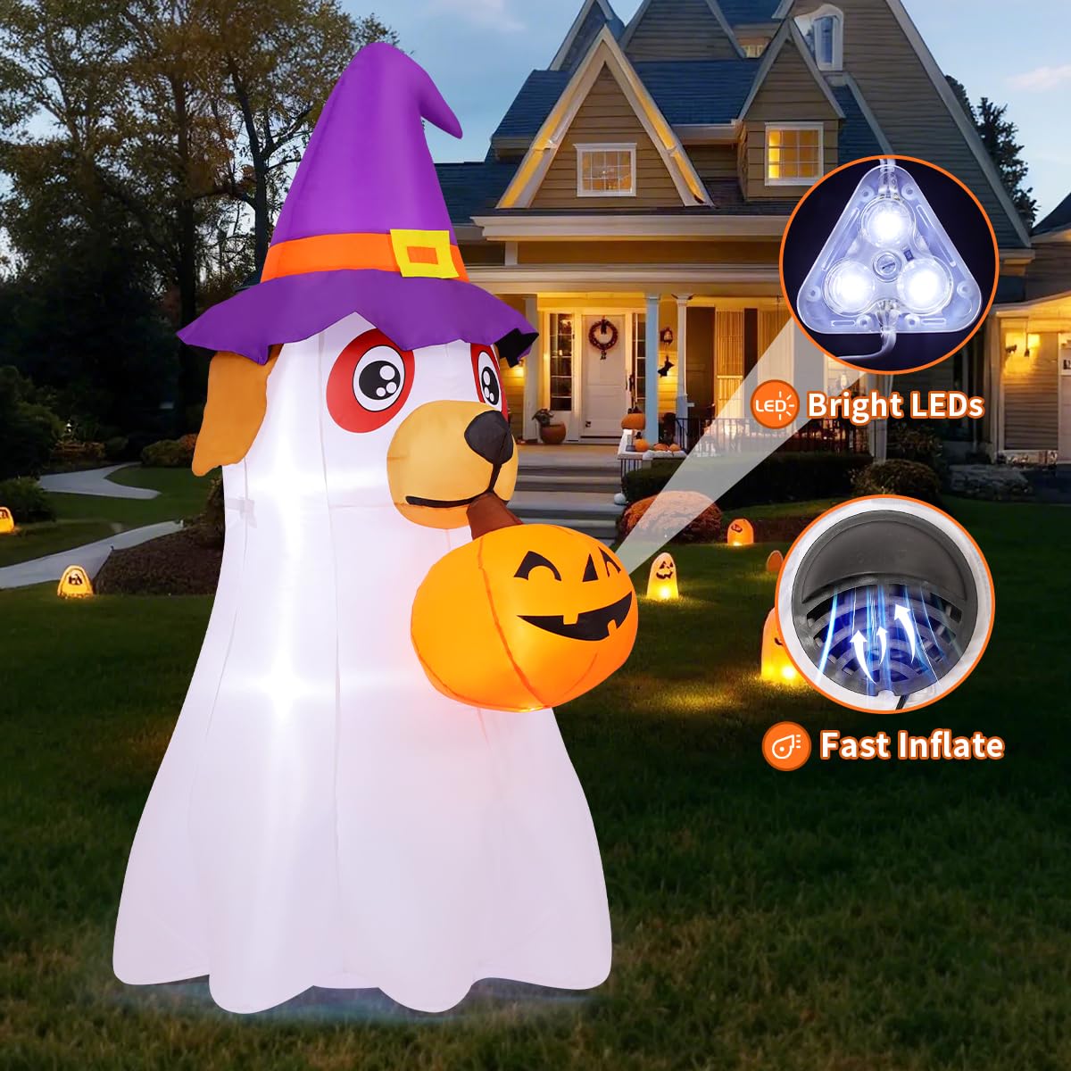 6.2 FT Halloween Inflatables Dog with Pumpkin Built-in LEDs R566