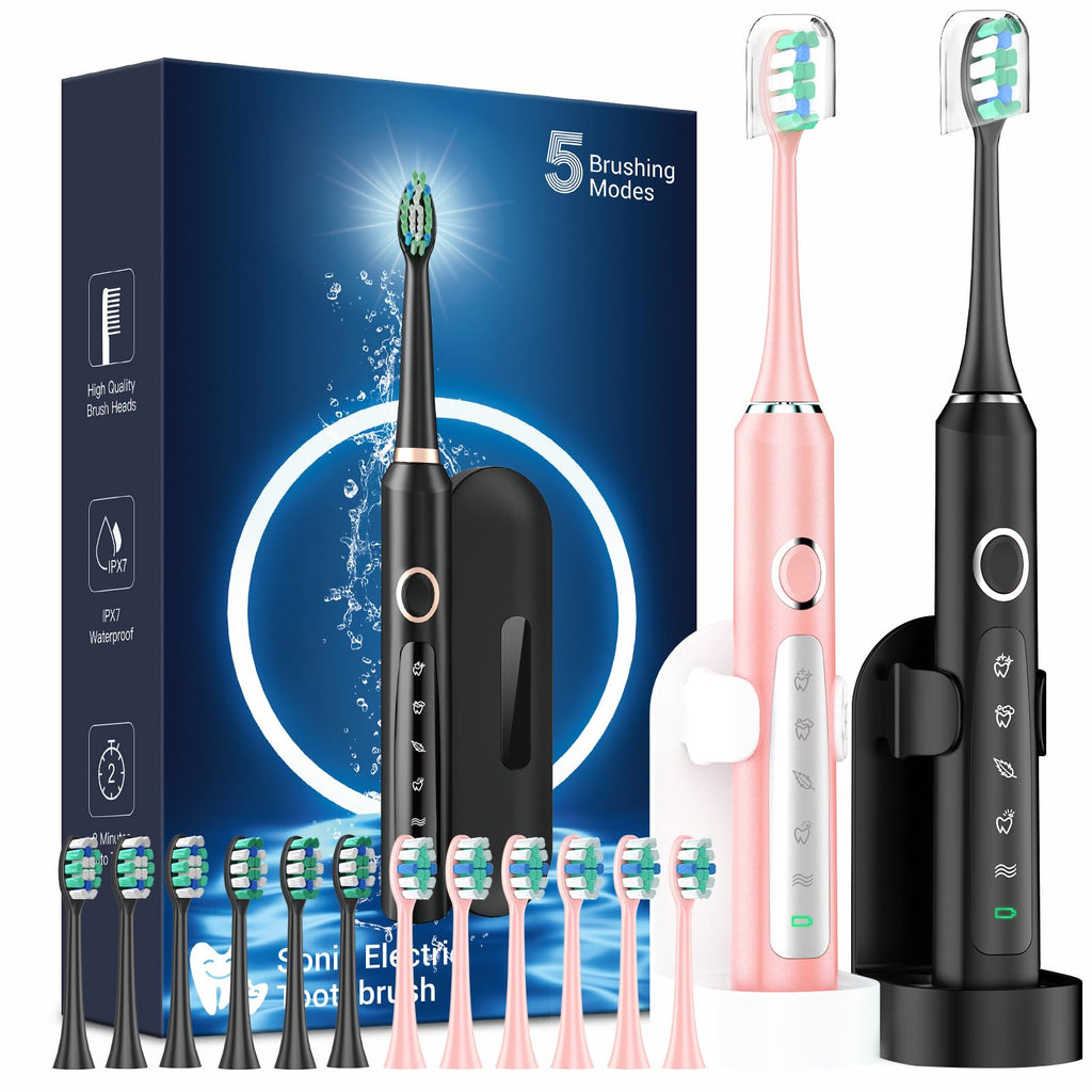 2 Pack Rechargeable Electric Toothbrush with 12 Brush Heads & 2 Travel Case Y3844