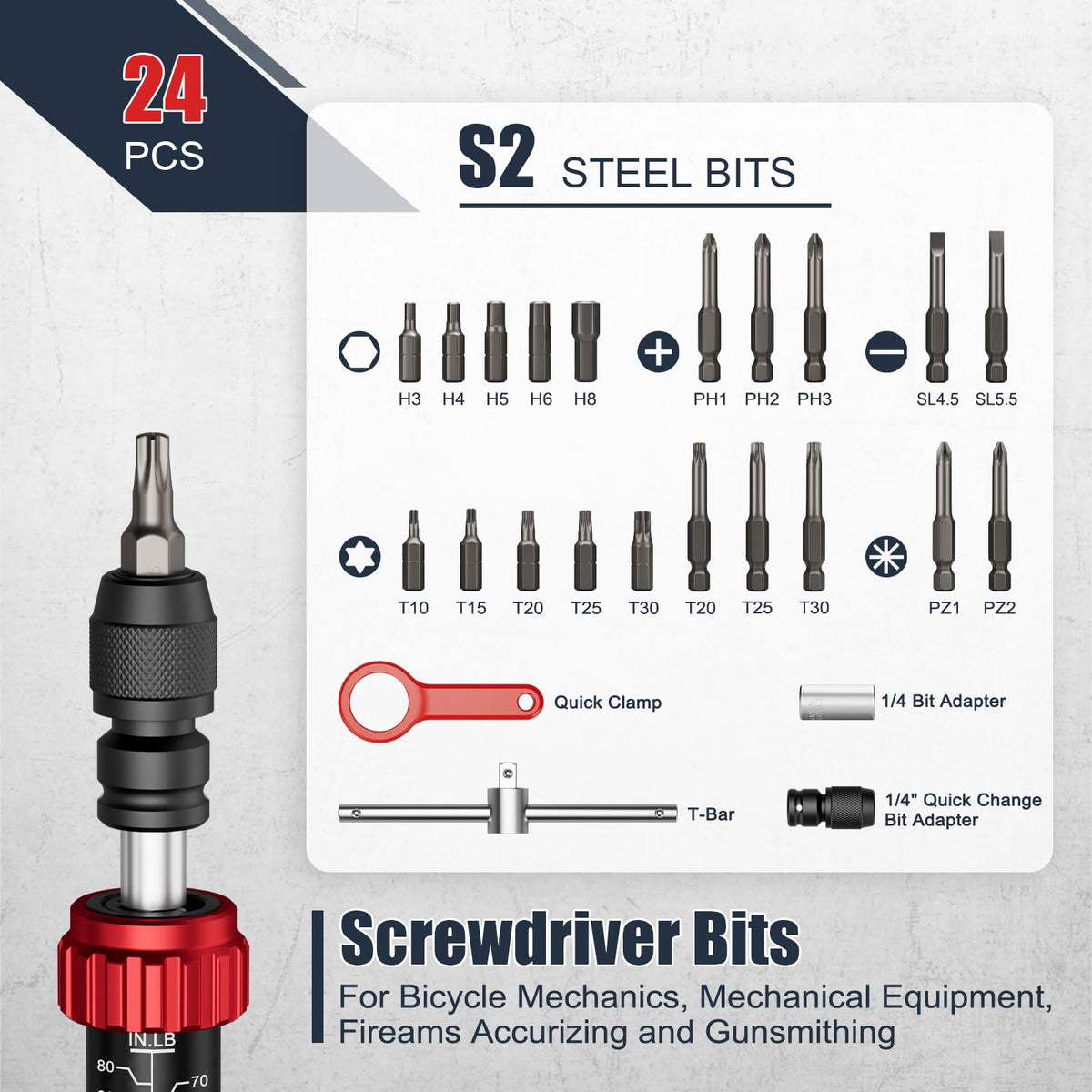 Torque Screwdriver, 10-80 In-lb, 24 Piece G154