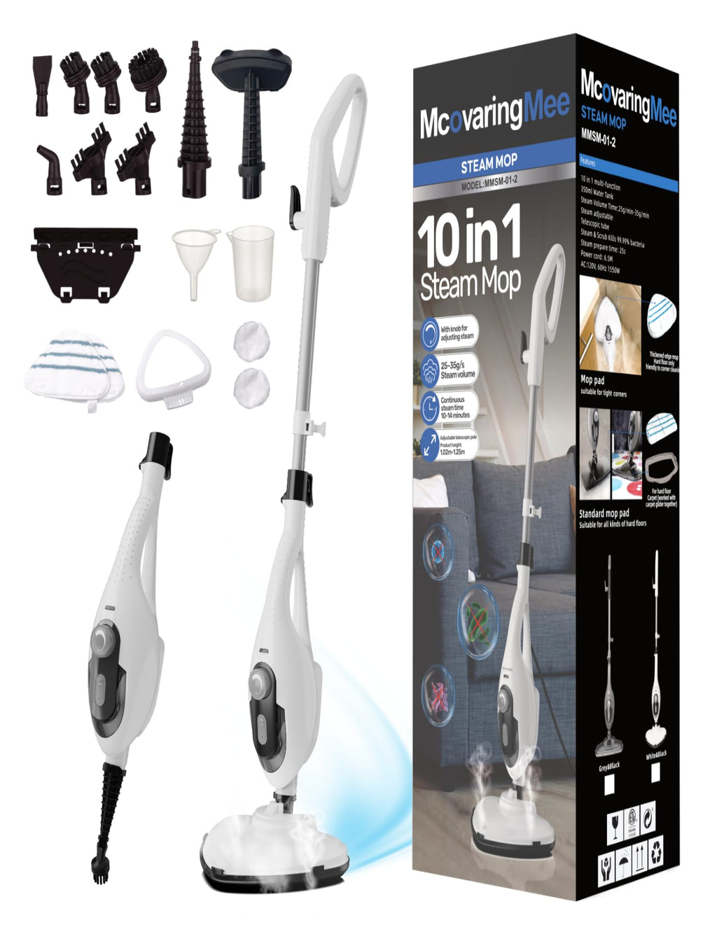1550W 11-in-1 Steam Mop with 21.3FT Cord, White V4841