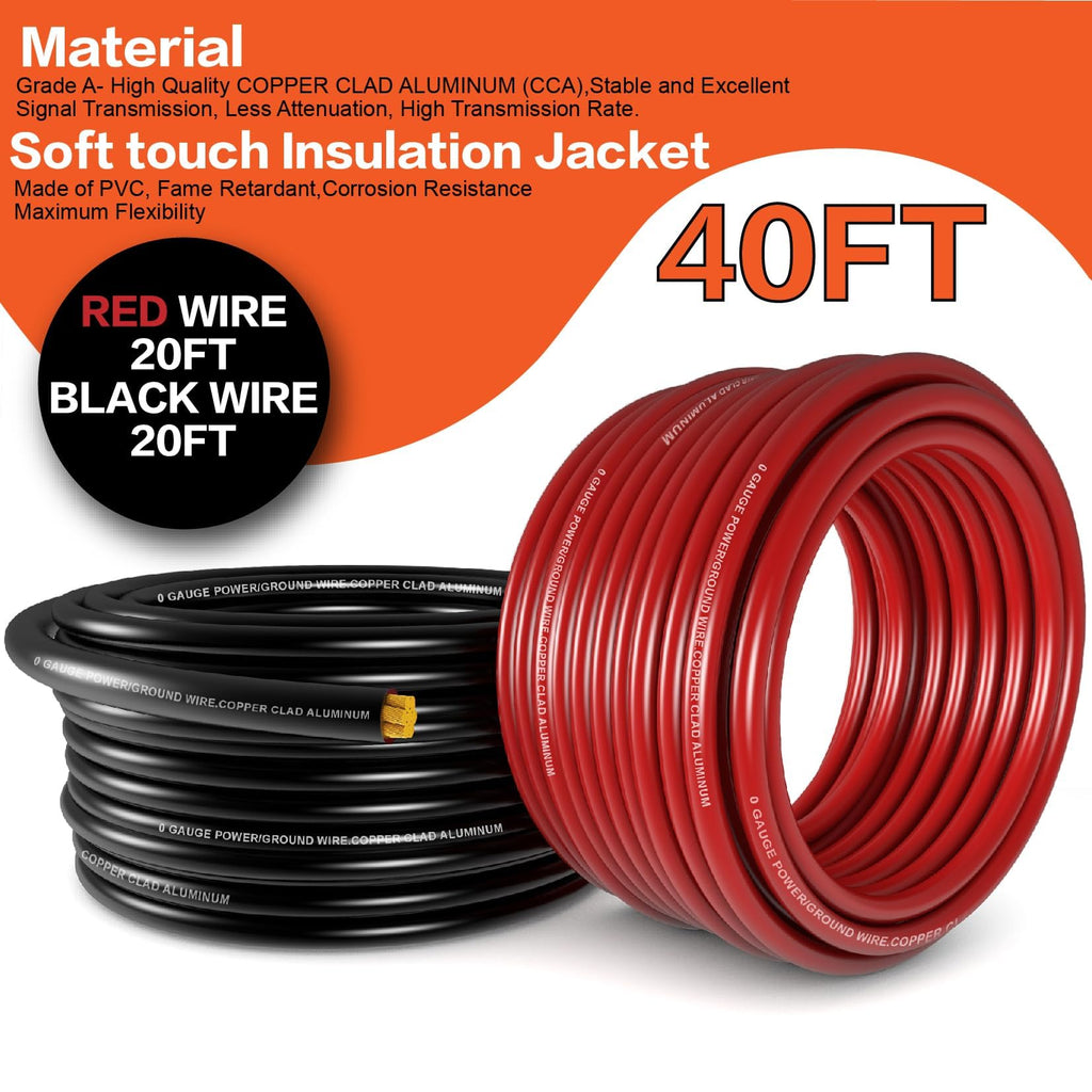 1/0 Gauge Battery Cable Kit 40ft Red/Black CCA Wire N31977