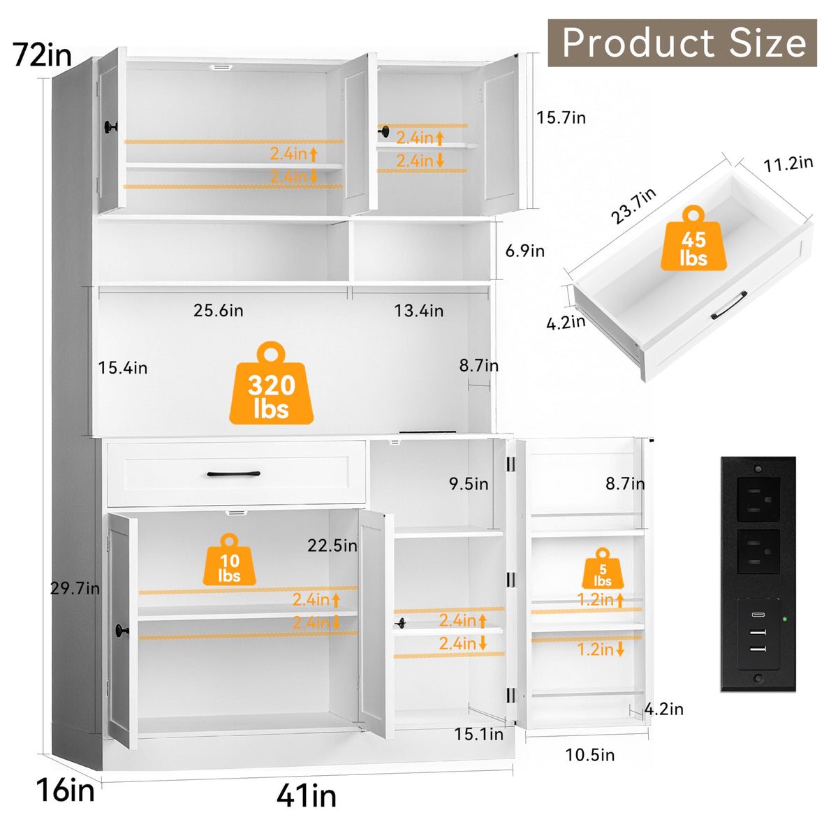 72" Kitchen Pantry Cabinet with LED Light and Charging Station Y22056