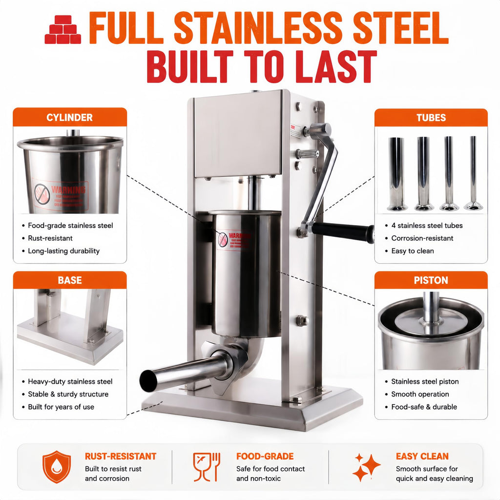 3L Stainless Steel Manual Sausage Stuffer with 4 Tubes W1399