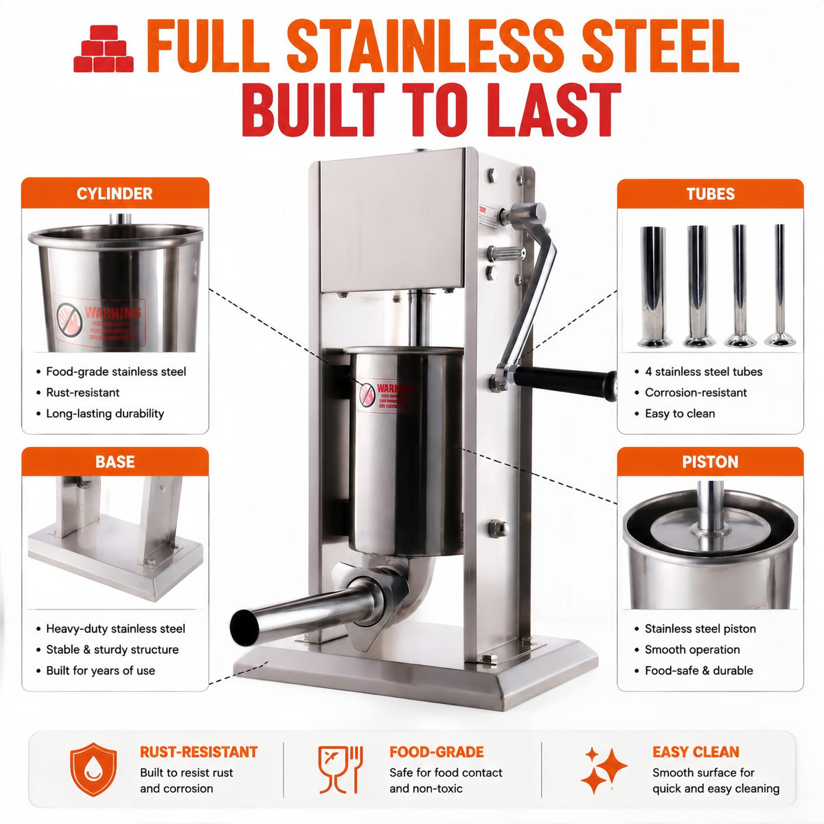 3L Stainless Steel Manual Sausage Stuffer with 4 Tubes W1399
