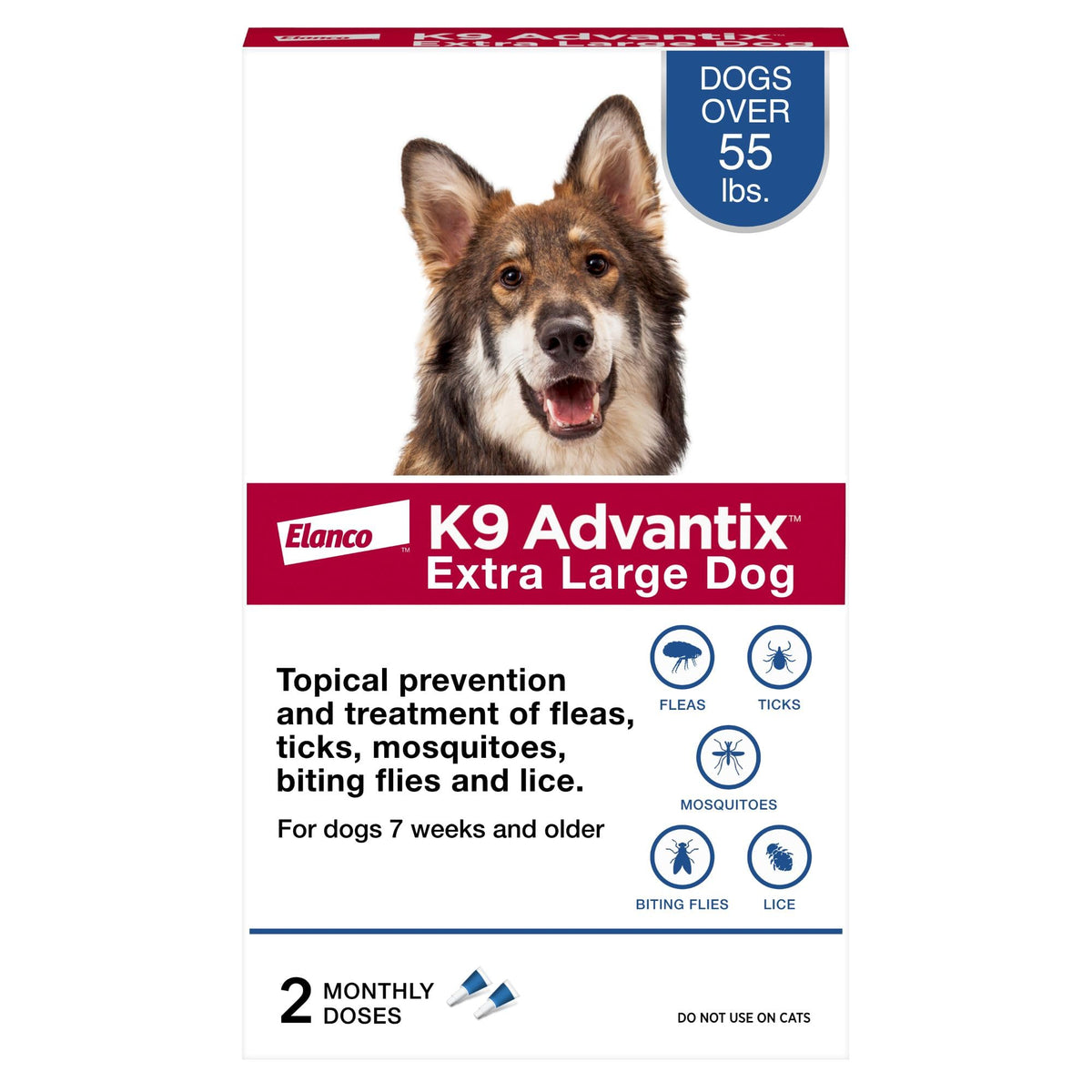 Flea, Tick & Mosquito Prevention for Dogs Over 55 lbs, 2 Treatments L714