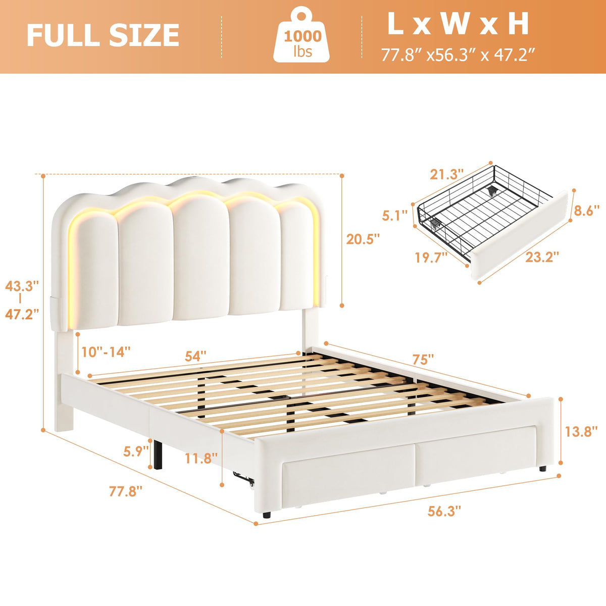 Beige Velvet Upholstered LED Bed Frame with 2 Storage Drawers Q333