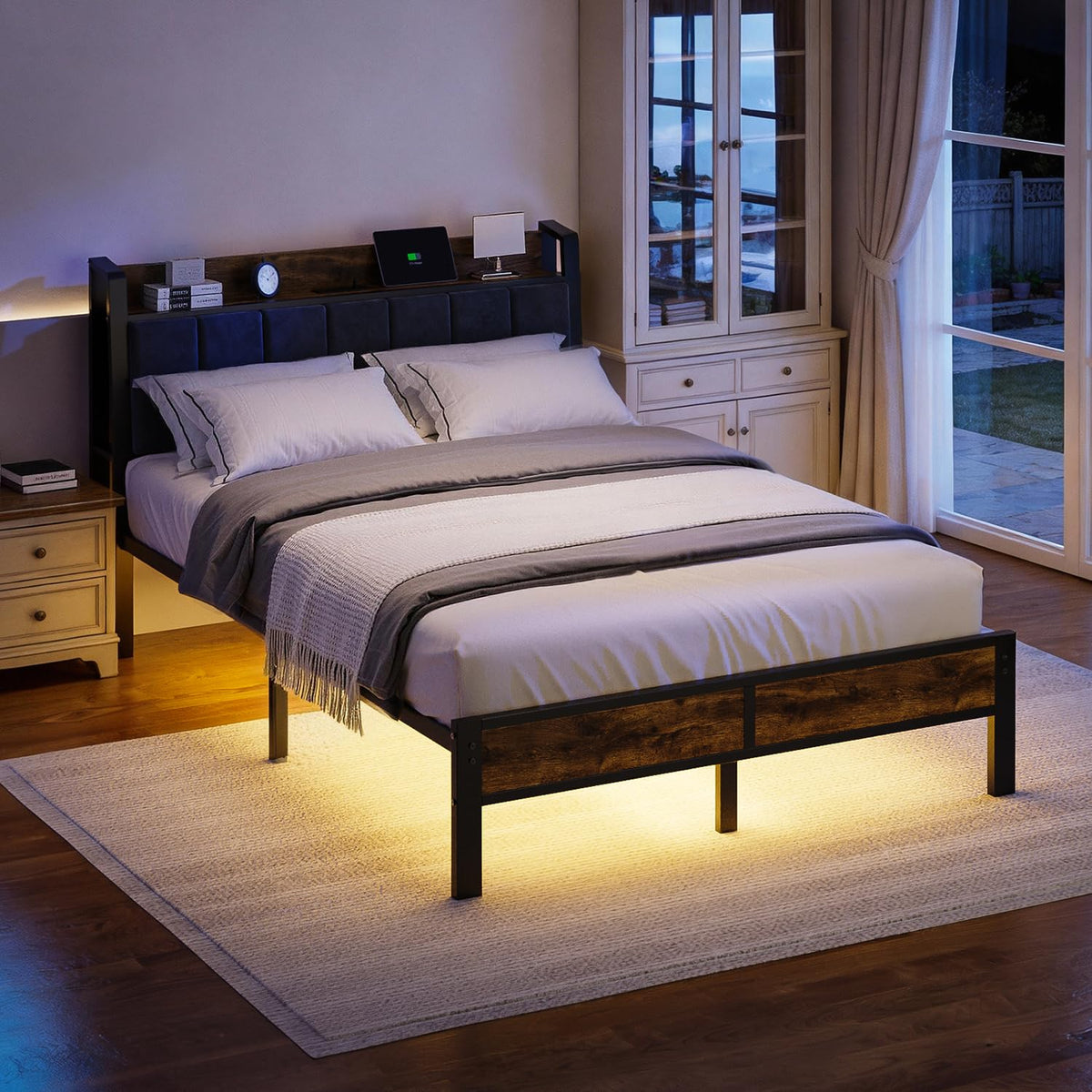 Full Size Bed Frame with LED Light and Charging Station B844