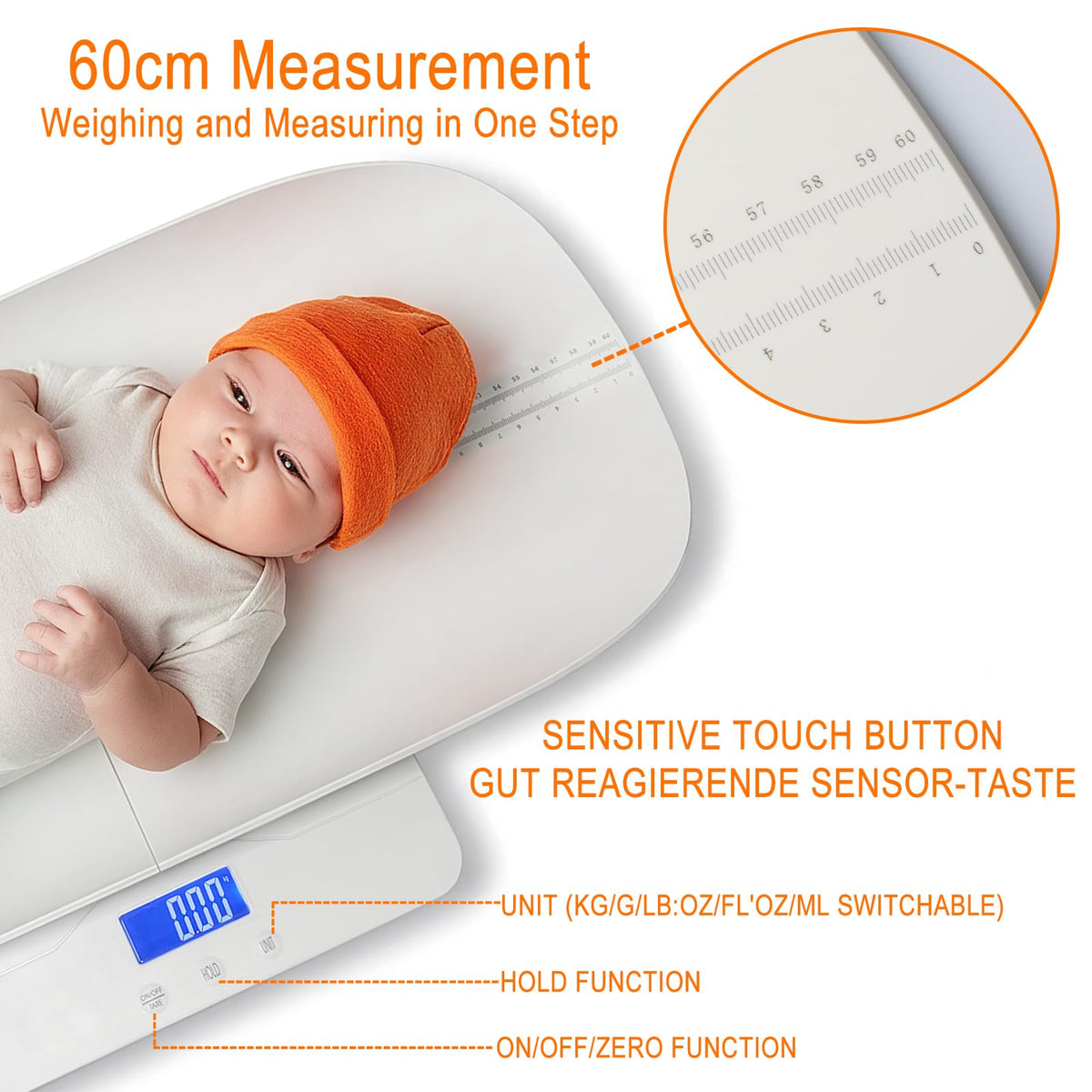 Baby Scale with Measuring Tray, LCD, 3 Weighing Modes R532