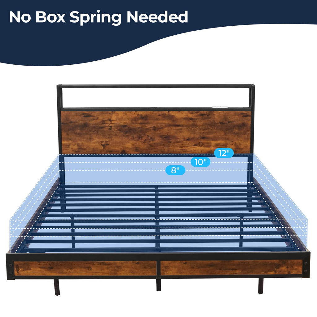 Queen Size Metal Platform Bed Frame with Storage Headboard K54282