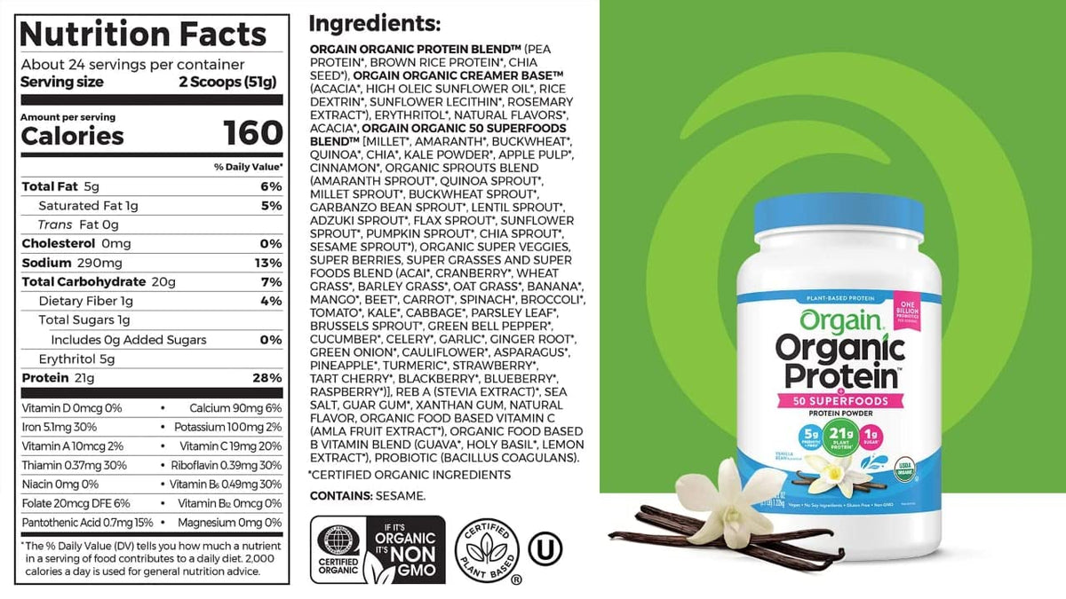 Organic Plant Based Protein Powder Vanilla Bean 2.74 Pound B1651