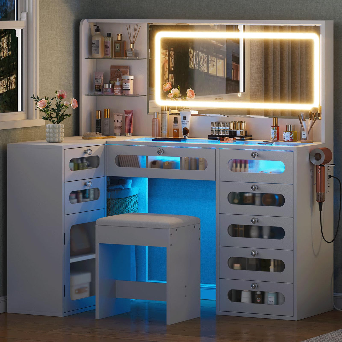 White Makeup Vanity with Mirror and Lights, 8 Drawers and Stool X34062