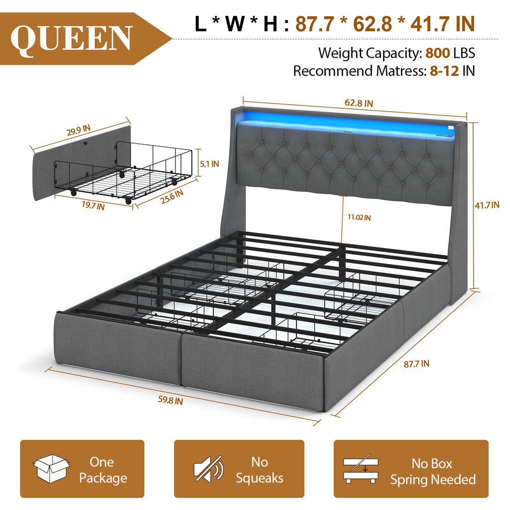 Queen Size Upholstered Bed Frame with 4 Storage Drawers F27802