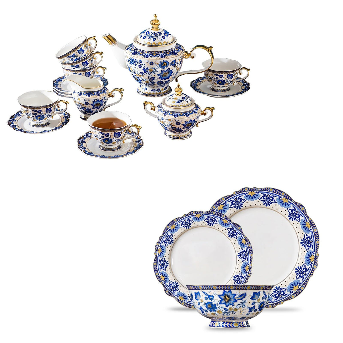 Bone China Tea Set for 6, 12 Pieces Blue and White M3869
