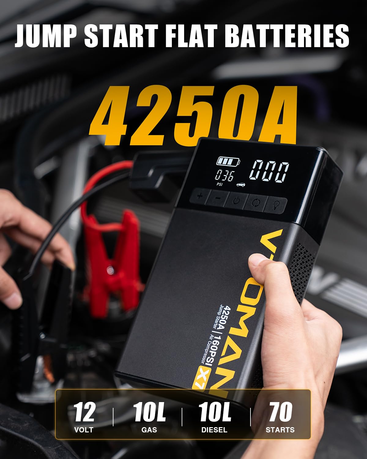 Jump Starter with Air Compressor, 160PSI Tire Inflator O90821