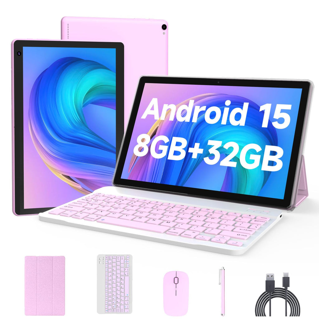 Android 15 Tablet 10 inch, 2 in 1 Tablet with Keyboard Case Mouse Stylus, 8GB RAM 32GB ROM, Quad Core, 1280x800 HD Screen, 6000mAh Q93776