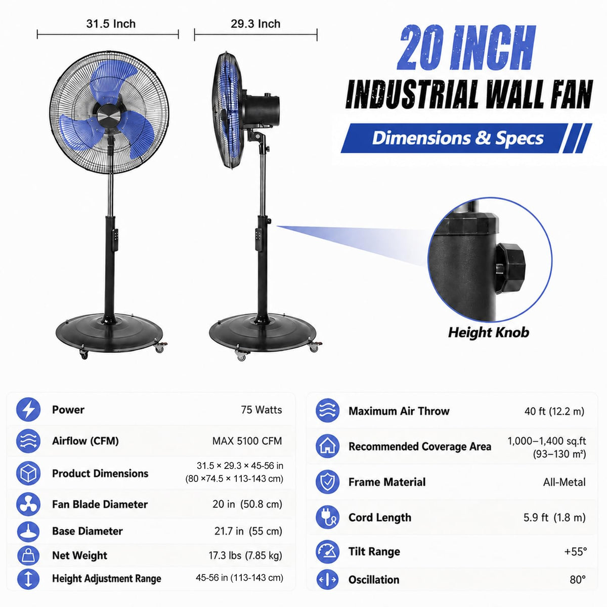 20 Inch Quiet Oscillating Pedestal Fan with Casters P139416