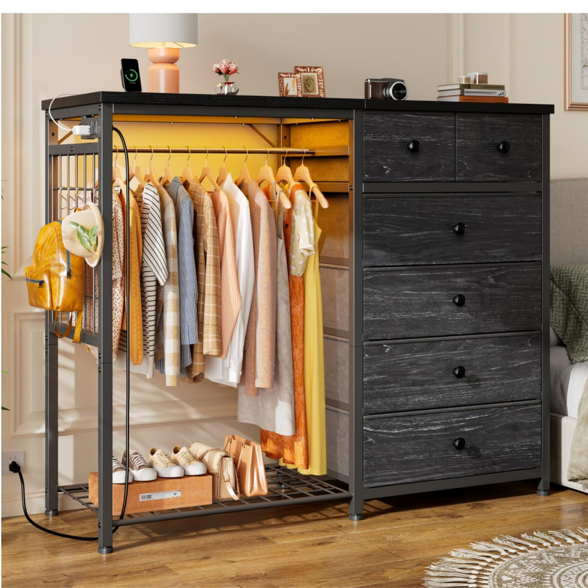 49.2" W Dresser with Hanging Rack & 6 Drawers P492