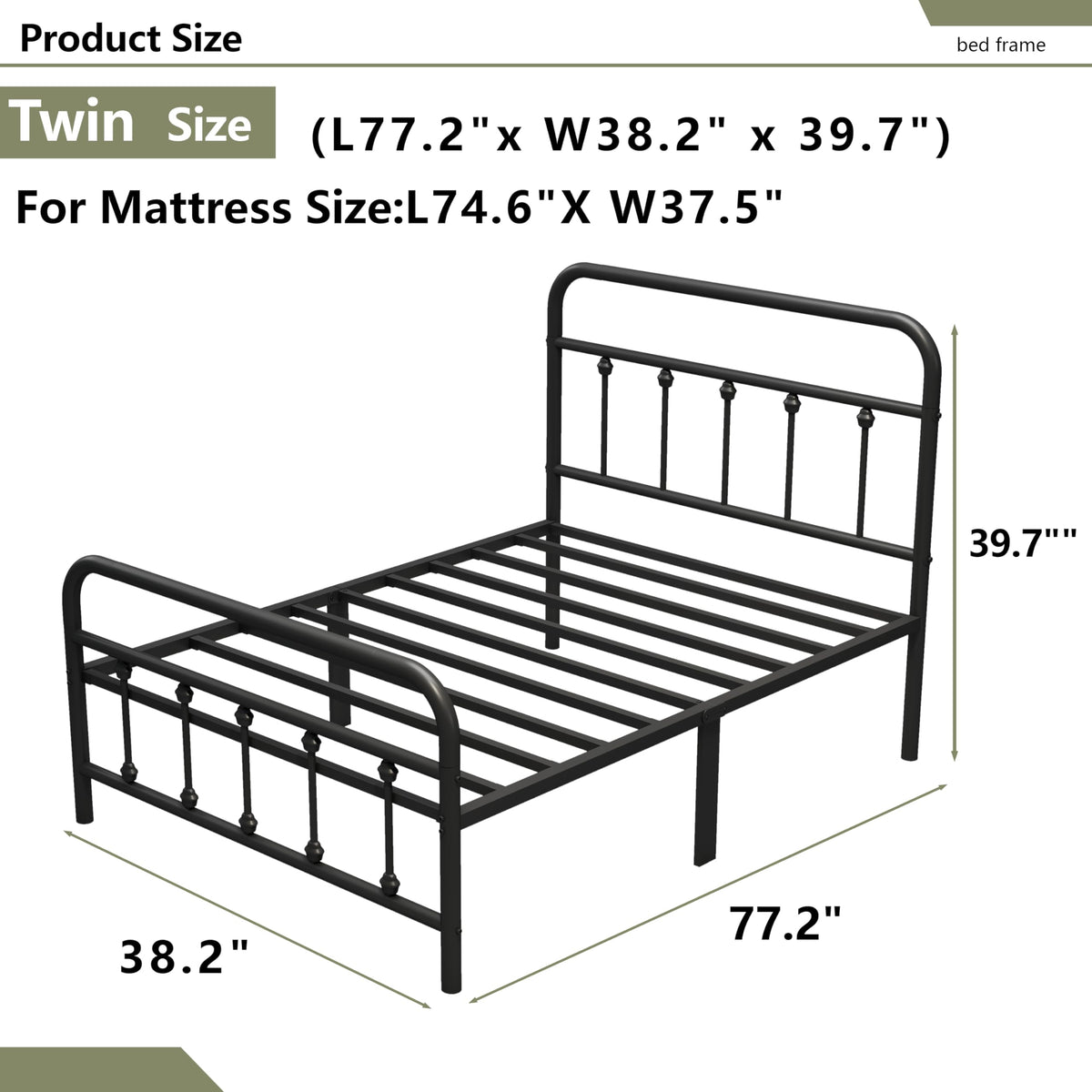 Black Twin Size Metal Bed Frame with Storage Space Y82286
