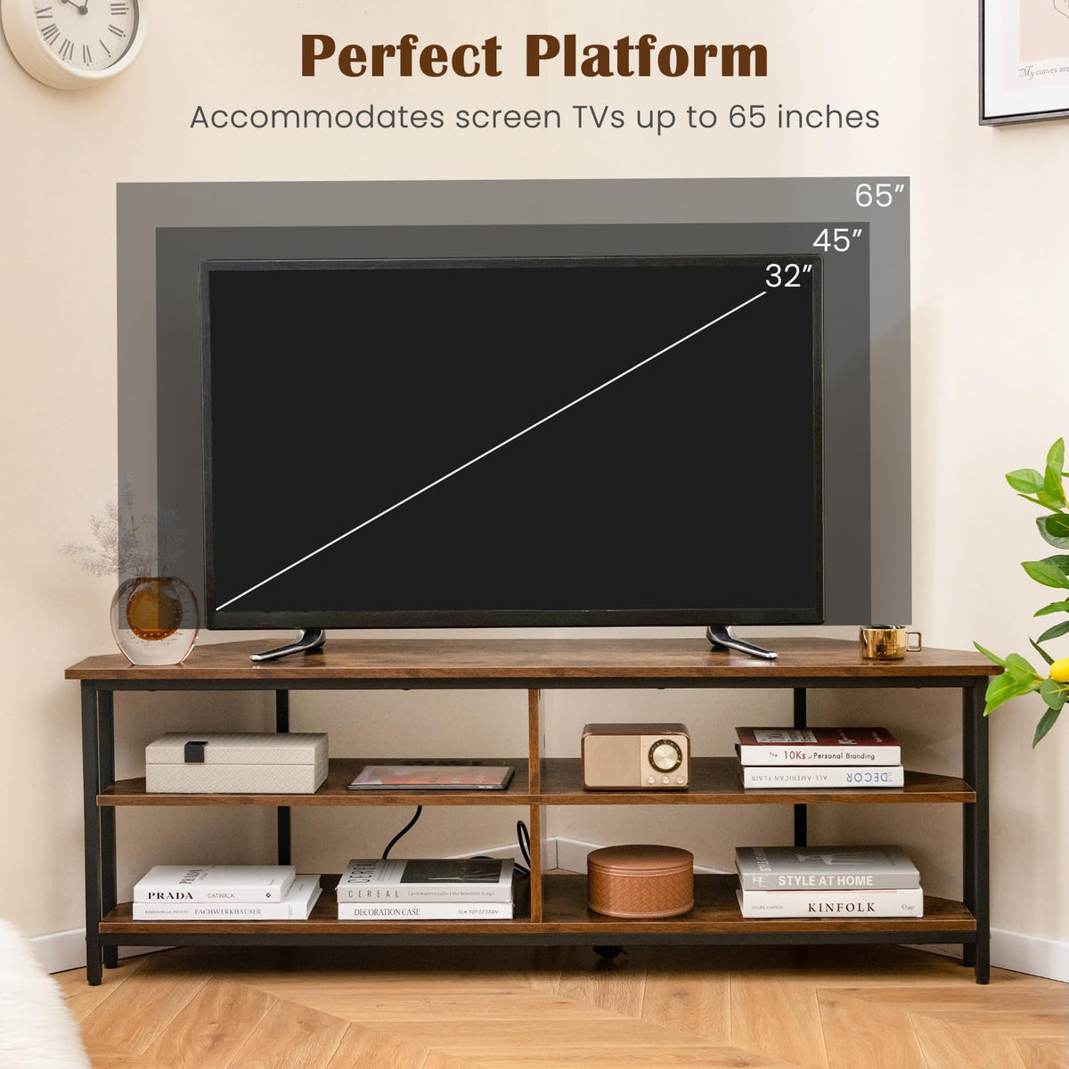 Corner TV Stand for TVs up to 65" with AC Outlets and Storage Shelves M398