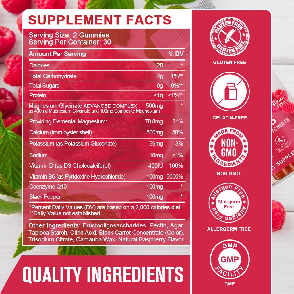 Magnesium Glycinate Gummies 400 mg with Vitamin D, B6 - 60 Gummies G250