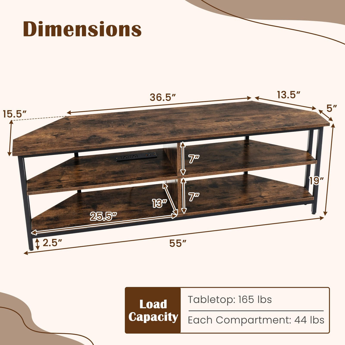 Corner TV Stand for TVs up to 65" with AC Outlets and Storage Shelves M398