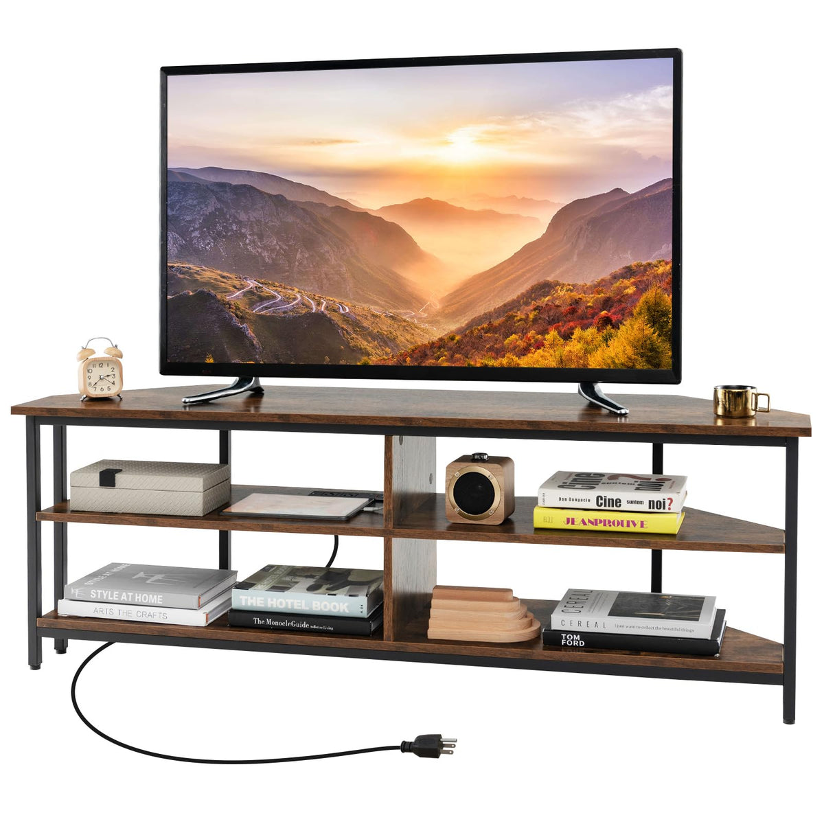 Corner TV Stand for TVs up to 65" with AC Outlets and Storage Shelves M398
