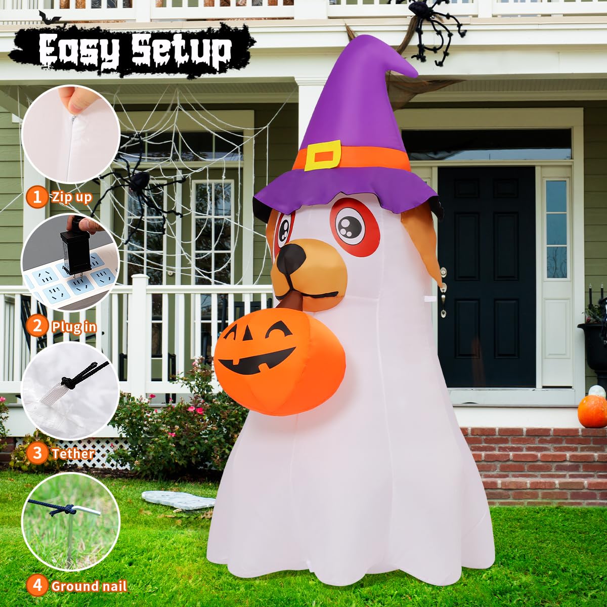 6.2 FT Halloween Inflatables Dog with Pumpkin Built-in LEDs R566