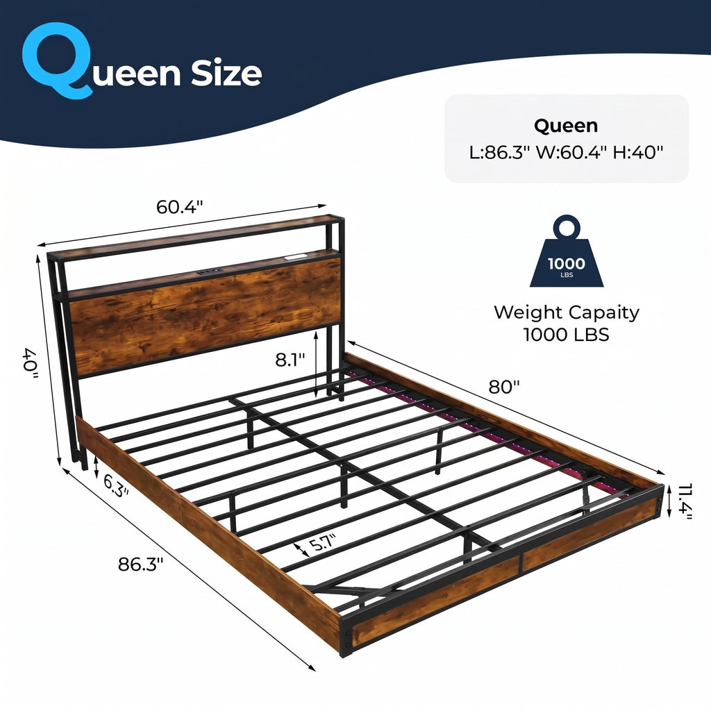 Queen Size Metal Platform Bed Frame with Storage Headboard K54282