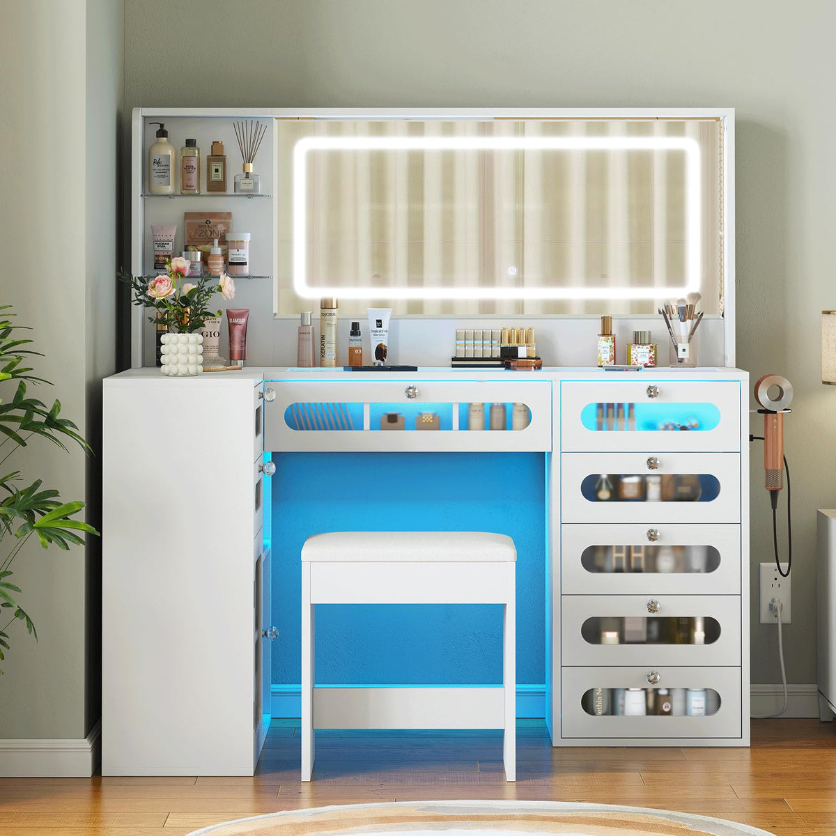 White Makeup Vanity with Mirror and Lights, 8 Drawers and Stool X34062
