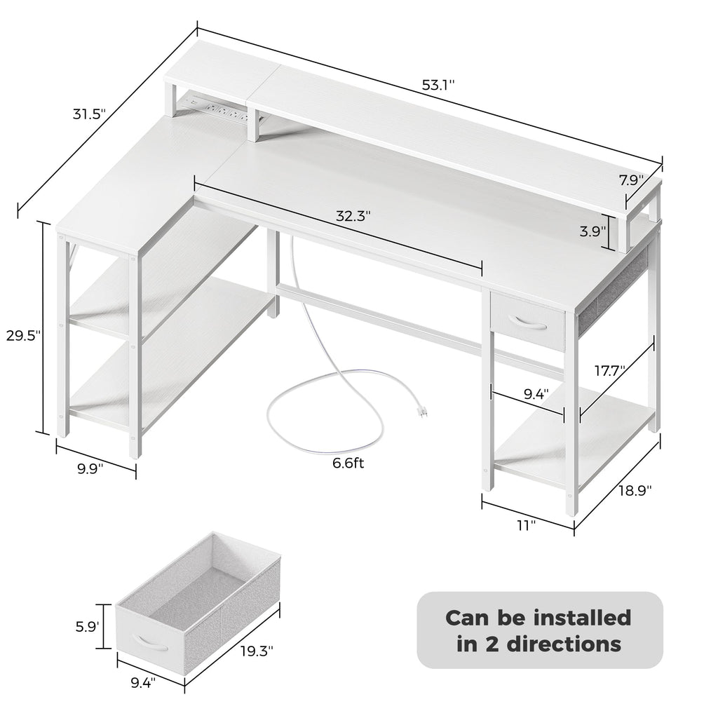53 inch Reversible L Shaped Desk with LED Lights & Power Outlets H967525