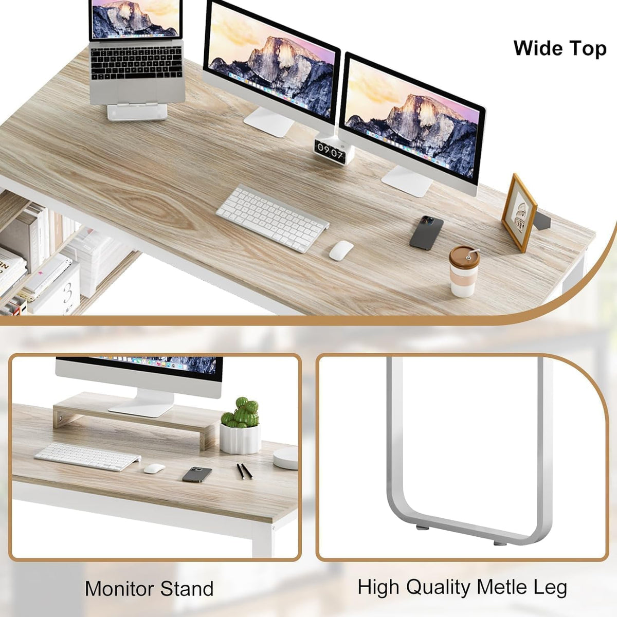 55" L Shaped Office Desk with Drawers, White and Walnut P868