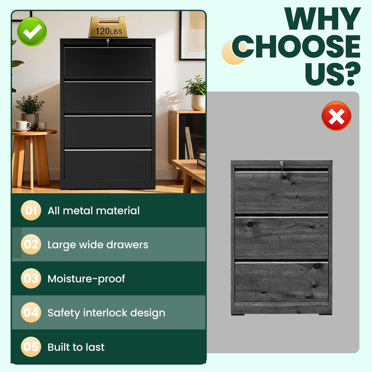 4 Drawer Black Lateral File Cabinet with Lock Y87439