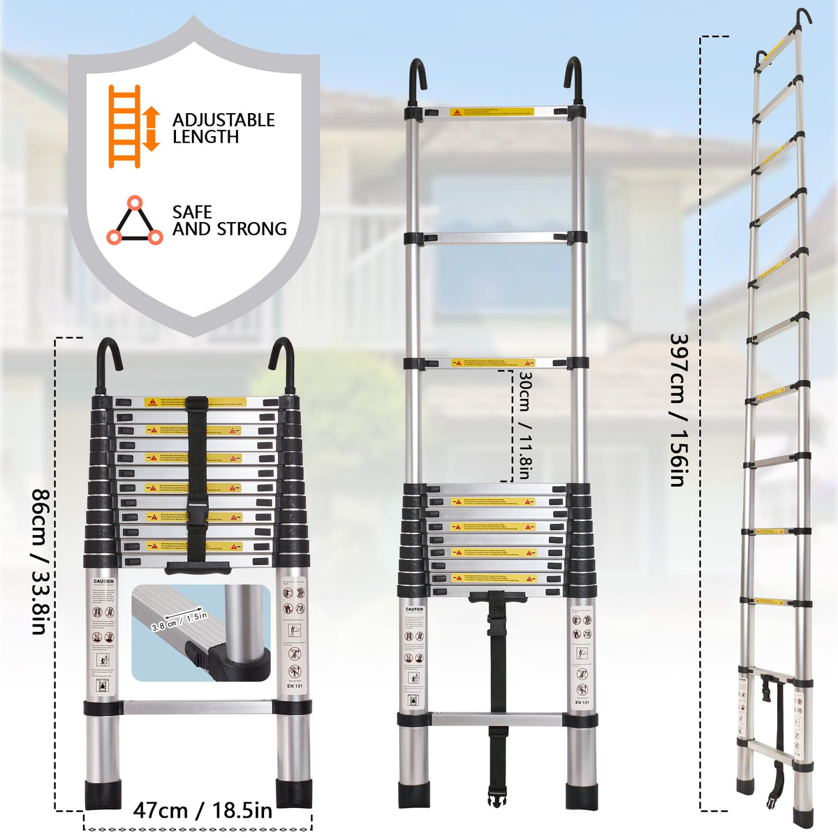 12.5 FT Aluminum Telescoping Ladder with 2 Hooks N9396