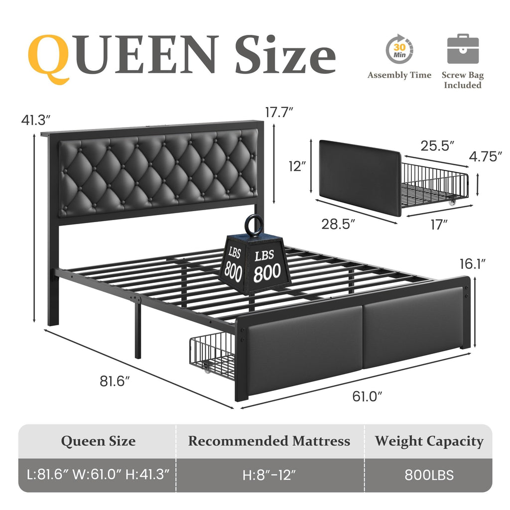 Queen Bed Frame with Upholstered Headboard and 2 Storage Drawers Y1712